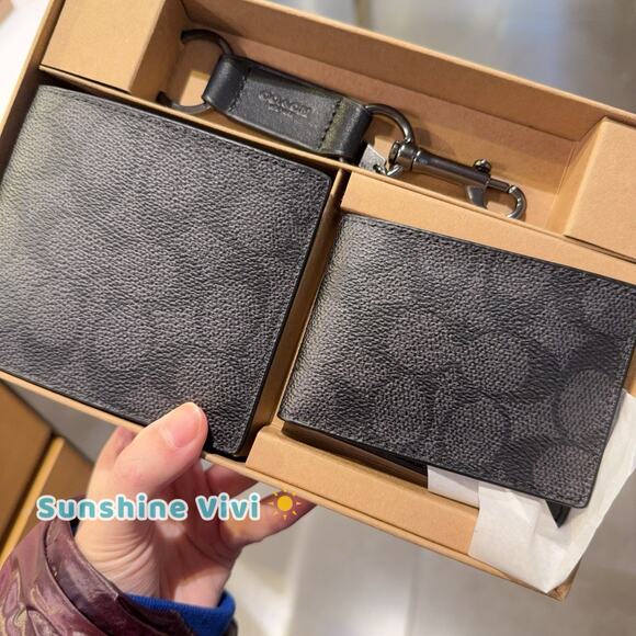 NWT COACH Men's Black 3 Piece Canvas Leather Wallet Set Gift Box CW344 Black - Picture 2 of 4